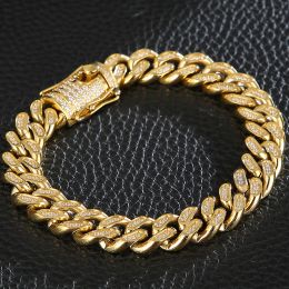 Bracelets 12MM Mens Miami Cuban Link Bracelet Man Hip Hop Chain Bracelets On Hand Iced Out Curb Cuban Gold Plated Stainless Steel Armband