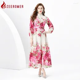 Casual Dresses ZEEROMER 2024 Spring Fashion Runway Floral Print Maxi Dress Women Stand Collar Long Sleeve Single Breasted Belt Party