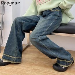 Women's Jeans Wide Leg Women Fringed Spliced Loose Empire Floor Length Vintage Harajuku All-match Female BF Spring Autumn Distressed Ins