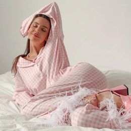 Women's Sleepwear Hirigin Women Feather Trim Pajamas Sets Long Sleeve Button Down Shirt And Pants Plaid Loungewear Pjs Matching Set Sleepwea