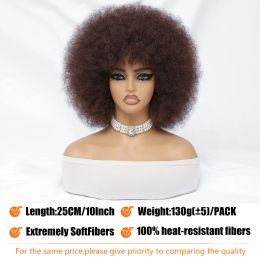 Short Afro Wigs With Bangs for Black Women Blonde 10" Afro Curly Wig 70s Bouncy Natural Synthetic Female Wigs for Party Cosplay