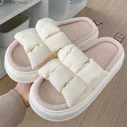 home shoes New White Pleated 3.5cm Fashion Soft Ladies Casual Cute Piggy Pattern Design Comfortable Female Linen Home Slippers Y240401