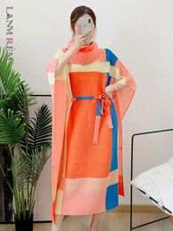 Casual Dresses LANMREM Loose Pleated Printing Dress Women Lapel Color Block Maxi With Belt Female Festival Clothing 2024 Summer 2R3820