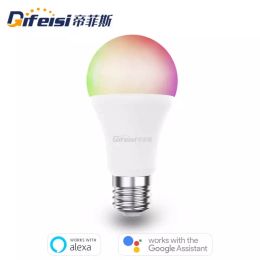 Control Difeisi Smart LED Bulb color Dimmable RGB Ambiance Light E26 / E27 9W Wifi Tuya App Control Work with Google Assistant Alexa