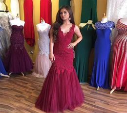 New Burgundy Mermaid Dress Evening Lace Tulle Floor Length Long Formal Dresses Custom Made Women Occasion Gown Cheap2607102