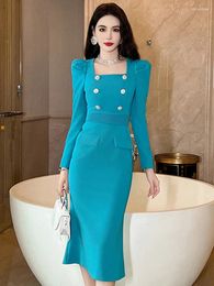 Casual Dresses Work Style Business Formal Occasion Women Clothes Elegant Commute Square Collar Slim Dress Robe Femme Mujer Vestidos