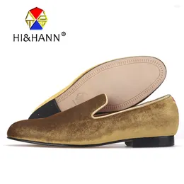 Casual Shoes HI&HANN Classic And Handcrafted Smoking Slippers Men Luxurious Gold Velvet With Genuine Leather Outsole Prom Loafers