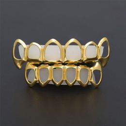 New Hip Hop Custom Fit Grill Six Hollow Open Face Gold Mouth Grillz Caps Top & Bottom With Silicone Vampire teeth Set271B