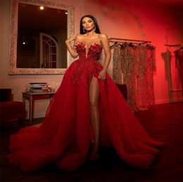 Sexy alta divisão praia vestido de casamento uma linha 2022 vermelho querida vestidos de noiva cristais lantejoulas contas longo tule vestidos de noiva9556883