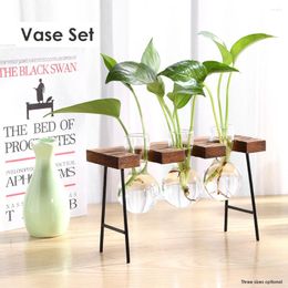 Vases Hydroponic Plant Vintage Flower Pots Transparent Vase Wooden Frame Glass Tabletop Plants Home Bonsai Decor