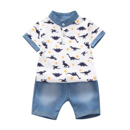 2pcs/set Summer Baby Boys Short Sleeve Dinosaur Print Tops Blouse Shirt+Shorts Children Casual Outfits Sets For 1-4Y