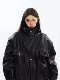 Thick Black Pu Leather Jacket Women Bomber Spring Autumn Oversized Windproof Zip Up Luxury Designer Motorcycle Unisex Outwear
