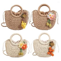 Drawstring Women Woven Crossbody Bag Large Capacity Straw Top Handle Shoulder Stylish Tote Summer Beach