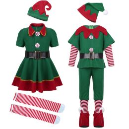 Christmas Family Matching Clothes Boy Girl Elf Xmas Clothes Set Adult Green Red Party Tops Pants Hat Belt Outfit Cosplay Costume