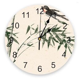 Wall Clocks Spring Bamboo Swallow Ink Chinese Style Round Clock Creative Home Decor Living Room Quartz Needle Hanging Watch