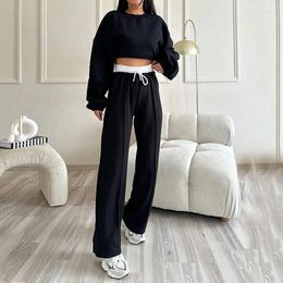 Women's Two Piece Pants Waytobele Women 2 Set Summer Casual Crew Neck Long Sleeve Sweatshirt High Waist Top Tie Up Loose Wide Legs Sets