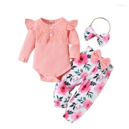 Clothing Sets Baby Girl Fall Outfits Floral Lace Rib Knit Long Sleeve Rompers Flower Print Flare Pants Headband 3Pcs Clothes Set