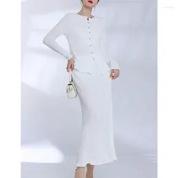 Work Dresses Miyake Pleated High Grade Slim Fit Skirt Two Piece Set For Women's Office Style Fashion Full Sleeve Shirt