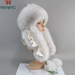 New Style 2024 Bomber Russian Woman Fluffy Trapper Natural Fox Fur Warm Round Ladies Fur Hat Scarf Set Women Winter Ushanka Hats