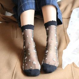Translucent Flower Socks Summer Women Ultra-thin Ankle Socks Girl 's Silk Elastic Mesh Japanese Style Jacquard Short Sockings