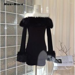 Casual Dresses 2024 Winter Sweet Long Sleeve Sheath Slash Neck Gothic Mini Women's Sexy Tassels Slim Fit Black Clubwear Dress