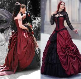Vintage Victorian Ball Gown Wedding Dresses Black And Dark Red Ruched Tiered Gothic Wedding Gowns With Lace Long Sleeve Shawl Cors2662864