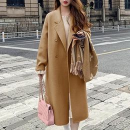 Women Mid-length Coat with Double Pocket Design Stylish Double-breasted Women's Winter Coat with Mid-length for Cold for Fall