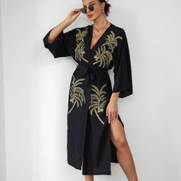 Boho Long Sleeve Cotton Rayon Cover-Ups Women Robe Vintage Embroidery Loose Bikini Dress Beach Wear Side Split Kaftan