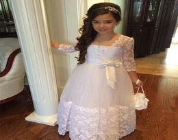 Flower Girls Dresses For Weddings Stunning 34 Sleeves Appliques Lace Tulle Junior Floor Length First Communion Dresses2390428