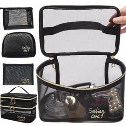 double -layer Mesh Transparent Cosmetic Bags Small Large Black Makeup Cases Portable Travel Toiletry Organiser Lipstick Storage M2xJ#