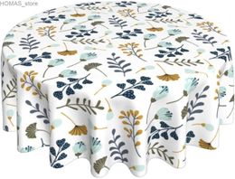Table Cloth Blue Grey Floral Leaves Round Tablecloth 60 Inch Spring Summer Leaf Table Clothes Rustic Reusable Circle Table Cover for Dining Y240401
