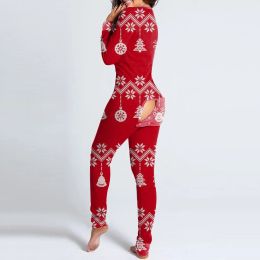 2021 Christmas Women Onesies Sexy Open Crotch Sleepwear With Butt Flap Winter Xmas Printed Female Pijamas Pijama Feminino Z40