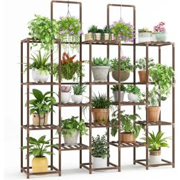 Whonline Plant Stand Indoor, Large Outdoor Rack with 6 Tiers and 13 Potted Holders, Wood Tiered Tall Shelves for Multiple Plants