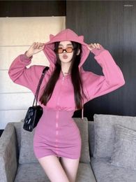 Casual Dresses Sweet Girl Solid Colour Hooded Dress Women's Spring Slim Fit Waist Wrap Hip Zipper Short Fashion Female Clothes