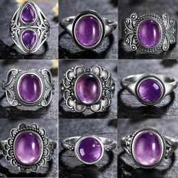 Luxury Vintage Ring Natural Amethyst Rings 925 Sterling Silver Jewellery Wedding Anniversary Party Ring Gifts for Women