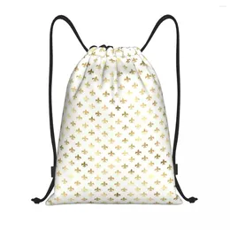 Shopping Bags Elegant Gold And White Fleur De Lis Pattern Drawstring Bag Portable Gym Sports Sackpack Lily Flower Training Storage Backpacks