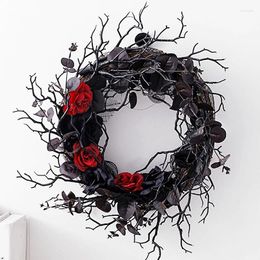 Decorative Flowers Black Halloween Door-Wreath With Red Rose Wreath For Front Door Gothic Home Decor Easy To Use