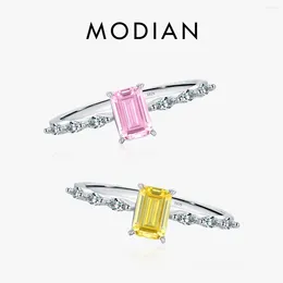 Cluster Rings MODIAN Real 925 Sterling Silver Exquisite Sparkling Emerald Cut Pink Yellow Zirconia Ring For Women Wedding Luxury Fine