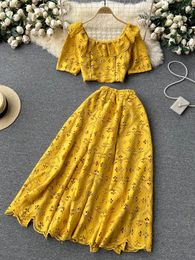 Work Dresses Summer Women Yellow/Red/White Hollow Out Two Piece Set Vintage Square Collar Short Sleeve Tops High Waist A-Line Midi Skirt