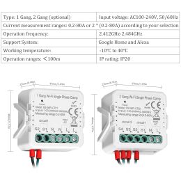 Tuya WiFi 2 Gang 80A Single Phase Clamp Solar PV Bidirectional Two Way Energy Metre APP Control Current Transformer Schedule