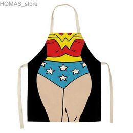 Aprons 1 sexy womens superhero printed cotton linen apron captain waistline adult and childrens sleeveless suspender apron Capitaine America Y240401NDS0