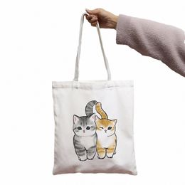 women Shoulder Canvas Bag Cute Cat Print Female Reuseable Shop Totebags Student School Bookbags D2SB#