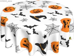 Table Cloth Halloween Pumpkin Bats Round Tablecloth Spider Table Cloth Cover Mat Washable Polyester 60 Dining Decorative for Holiday Party Y240401