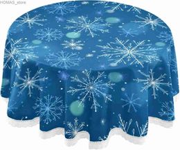 Table Cloth Winter Snowflake Round Tablecloth Blue Christmas Table Cloth Cover Mat Lace Washable Dining Decorative for Holiday Party Picnic Y240401