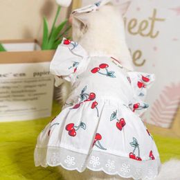 Dog Apparel Pet Dress Cherry Print Cat With Headgear Stylish Ruffled Sleeves Summer Dresses Clothing Set Supplies