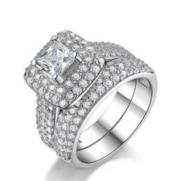 Elegant Vintage Jewellery Wedding Rings 925 Sterling Silver Princess Cut 5A Cubic Zircon CZ Diamond Gemstones Party Eternity Women Bridal Couple Ring Set Gift