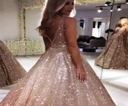 Rose Gold Sequin A Line Prom Dreses Sexy V neck Floor Length Custom MAde Sparkling SEquin Evening Party Dresses 20198347727