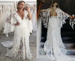 New Bohemian Wedding Dresses 2021 Deep V Neck Bell Long Sleeve Lace Open Backless Beach Boho Bridal Gowns Robe De Mariee1327714