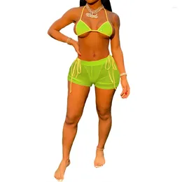 Women's Swimwear Beach Bikini Set 2024 Summer Style Halter Backless Rhinestone Mini Bra Underpants High Waist Mesh Shorts Sexy 3 Pcs Suit