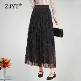 ZJYT Elegant Long Mesh Skirts for Women Summer Fashion Korean Style Elastic Waist Black Party Skirt Casual Aline Faldas White 240326